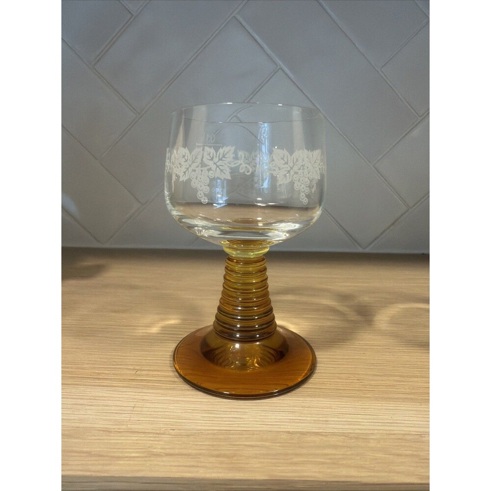 Vintage Roemer Wine Glass Etched Grapevine Pattern Beehive Stem Gold Accents